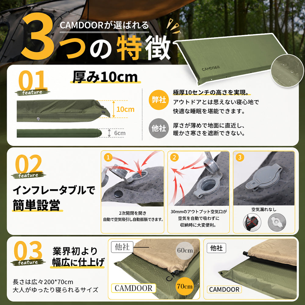 【🍁秋の超お得セ一ル】インフレーターマット、ソロ キャンプ、R値 6.8車中泊マット【送料無料・1年保証】